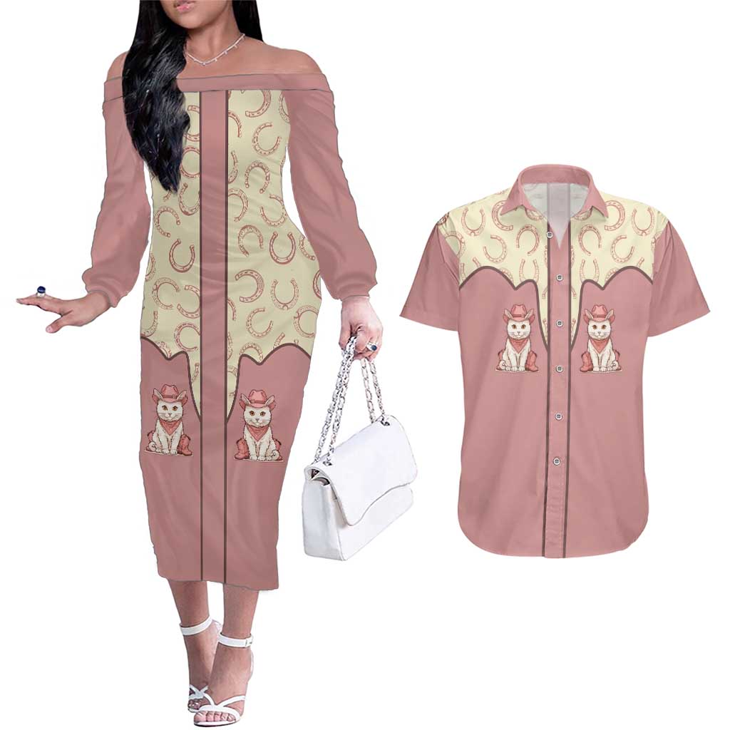 Cowcat Couples Matching Off The Shoulder Long Sleeve Dress and Hawaiian Shirt Cowboy Cat Meowdy Retro Western Yoke Pink - Wonder Print Shop