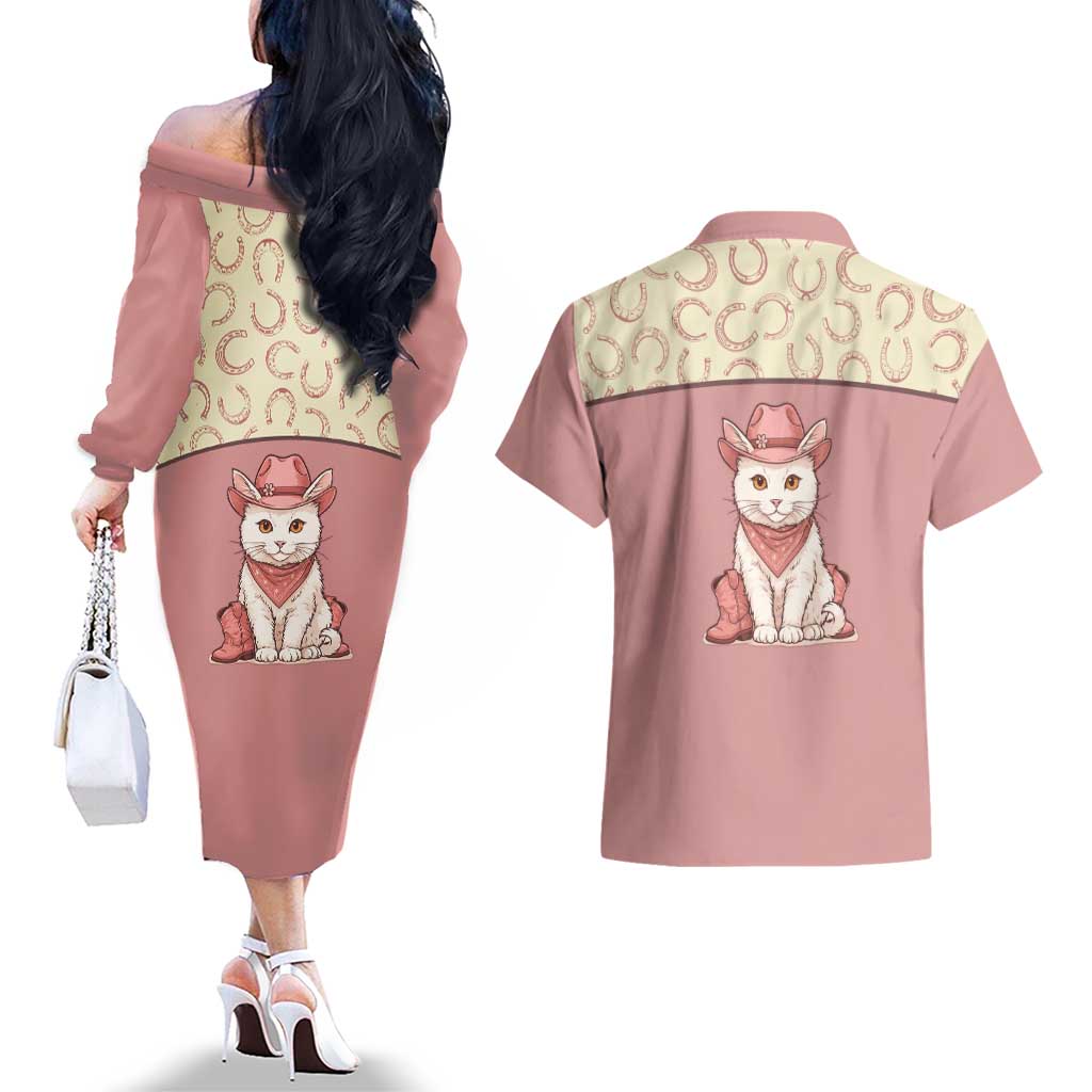 Cowcat Couples Matching Off The Shoulder Long Sleeve Dress and Hawaiian Shirt Cowboy Cat Meowdy Retro Western Yoke Pink - Wonder Print Shop