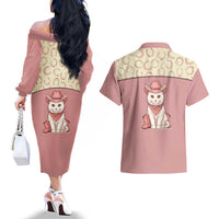 Cowcat Couples Matching Off The Shoulder Long Sleeve Dress and Hawaiian Shirt Cowboy Cat Meowdy Retro Western Yoke Pink - Wonder Print Shop