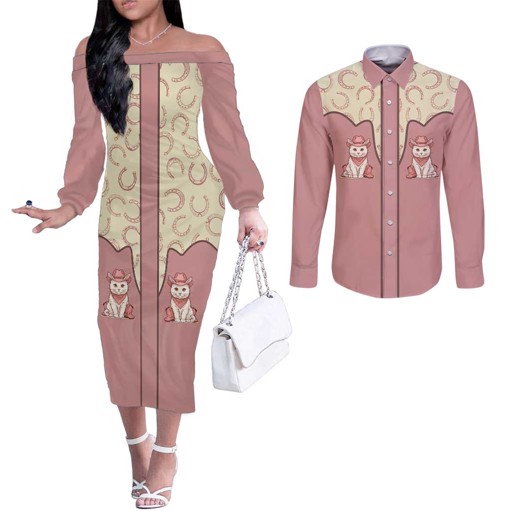 Cowcat Couples Matching Off The Shoulder Long Sleeve Dress and Long Sleeve Button Shirt Cowboy Cat Meowdy Retro Western Yoke Pink - Wonder Print Shop