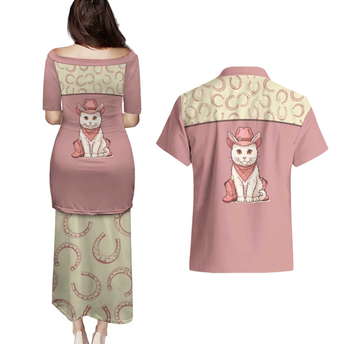 Cowcat Couples Matching Puletasi and Hawaiian Shirt Cowboy Cat Meowdy Retro Western Yoke Pink - Wonder Print Shop