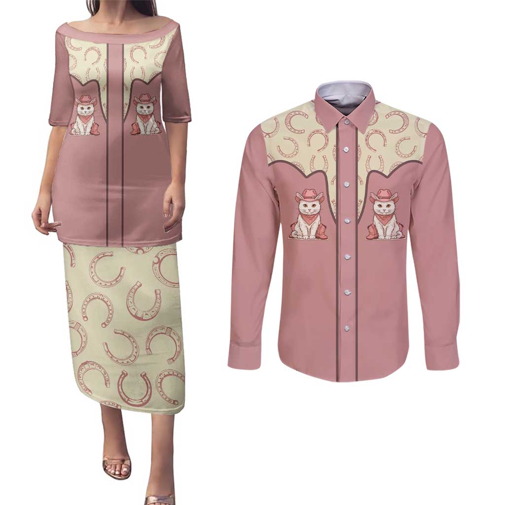 Cowcat Couples Matching Puletasi and Long Sleeve Button Shirt Cowboy Cat Meowdy Retro Western Yoke Pink - Wonder Print Shop