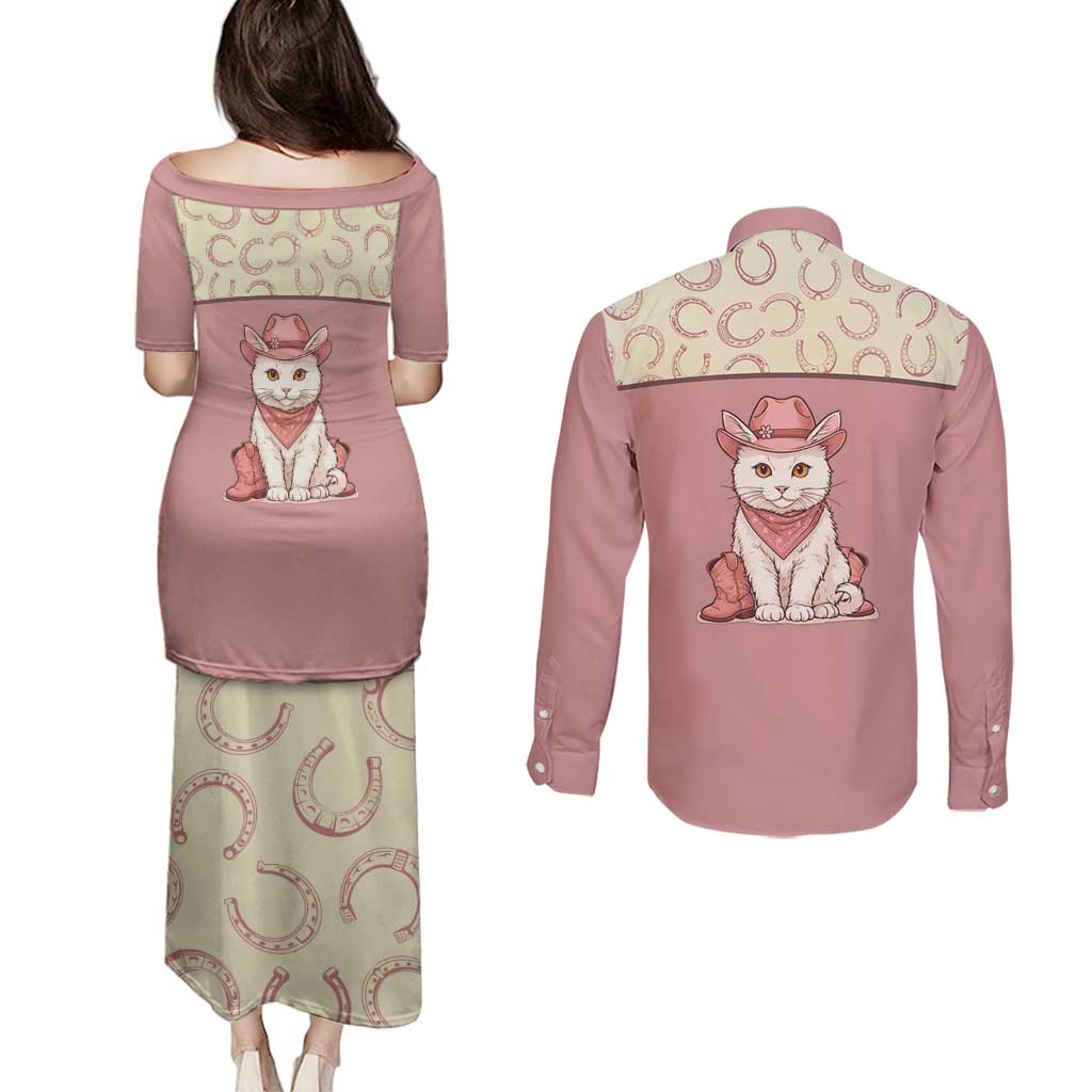 Cowcat Couples Matching Puletasi and Long Sleeve Button Shirt Cowboy Cat Meowdy Retro Western Yoke Pink - Wonder Print Shop