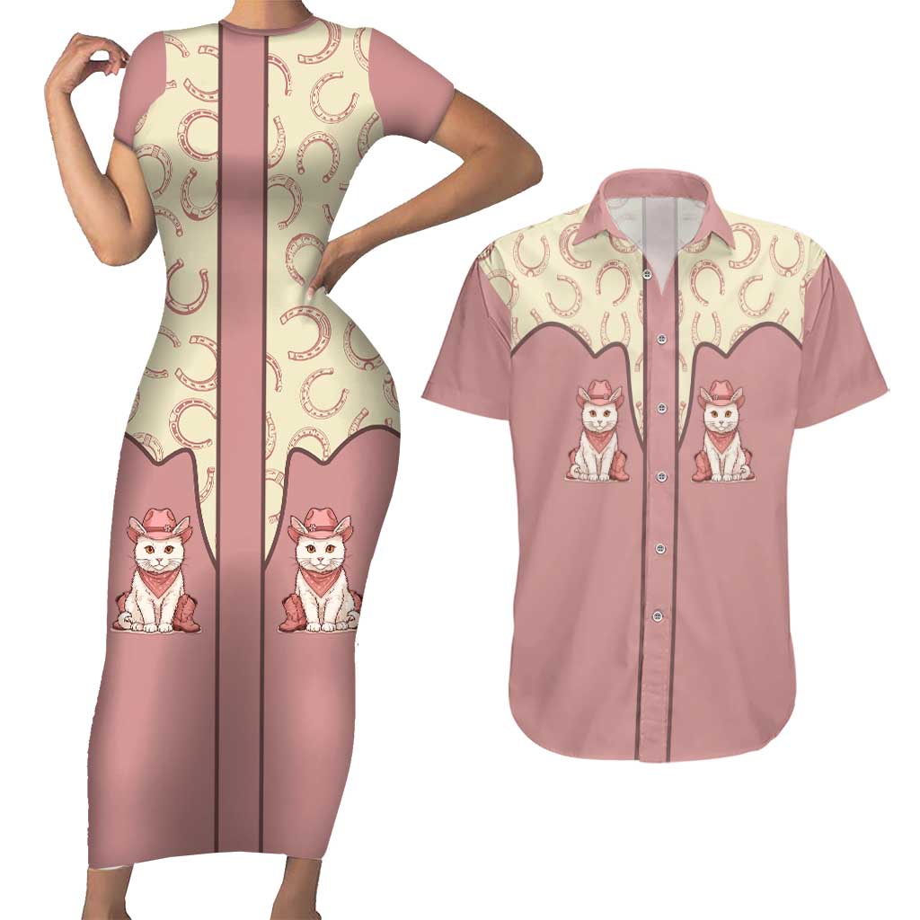 Cowcat Couples Matching Short Sleeve Bodycon Dress and Hawaiian Shirt Cowboy Cat Meowdy Retro Western Yoke Pink - Wonder Print Shop