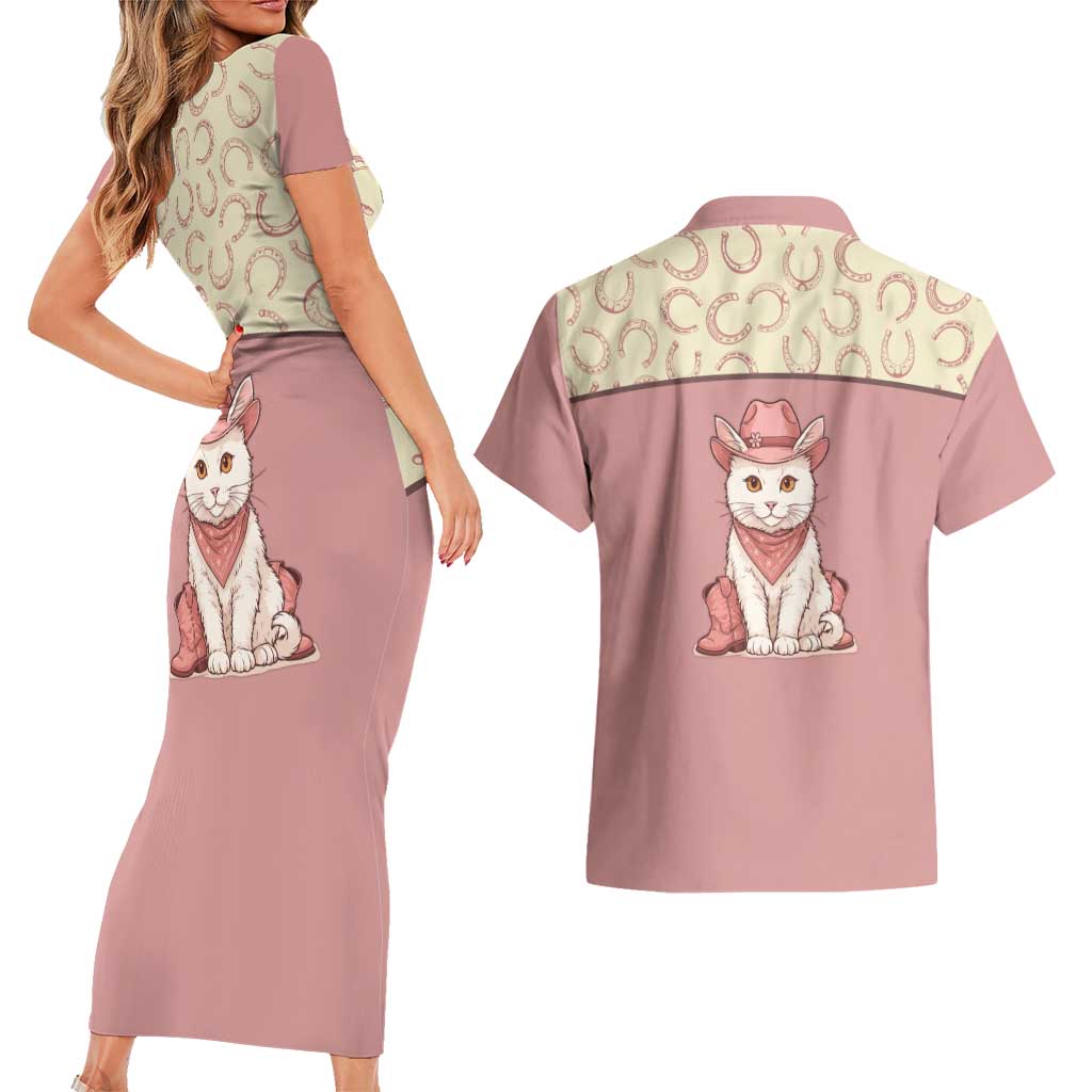 Cowcat Couples Matching Short Sleeve Bodycon Dress and Hawaiian Shirt Cowboy Cat Meowdy Retro Western Yoke Pink - Wonder Print Shop