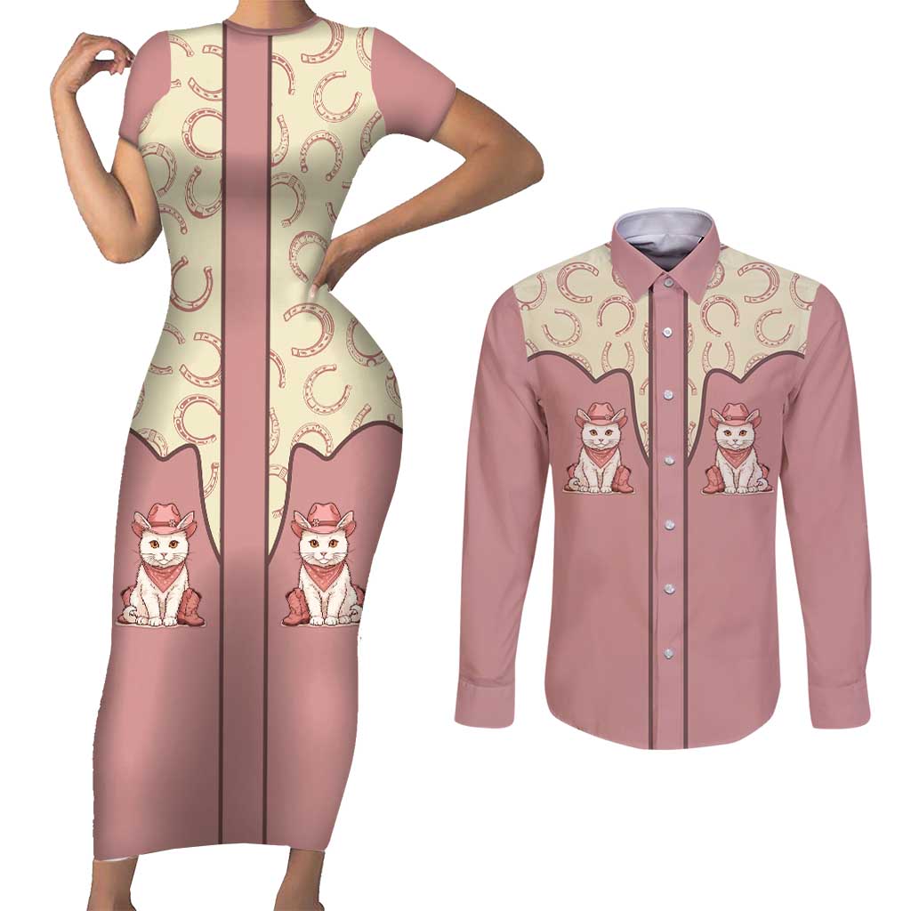 Cowcat Couples Matching Short Sleeve Bodycon Dress and Long Sleeve Button Shirt Cowboy Cat Meowdy Retro Western Yoke Pink - Wonder Print Shop