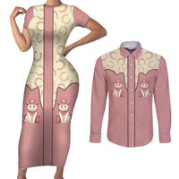 Cowcat Couples Matching Short Sleeve Bodycon Dress and Long Sleeve Button Shirt Cowboy Cat Meowdy Retro Western Yoke Pink - Wonder Print Shop