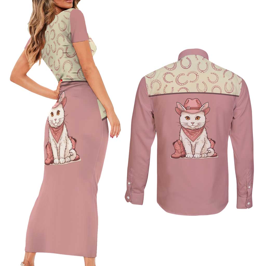Cowcat Couples Matching Short Sleeve Bodycon Dress and Long Sleeve Button Shirt Cowboy Cat Meowdy Retro Western Yoke Pink - Wonder Print Shop