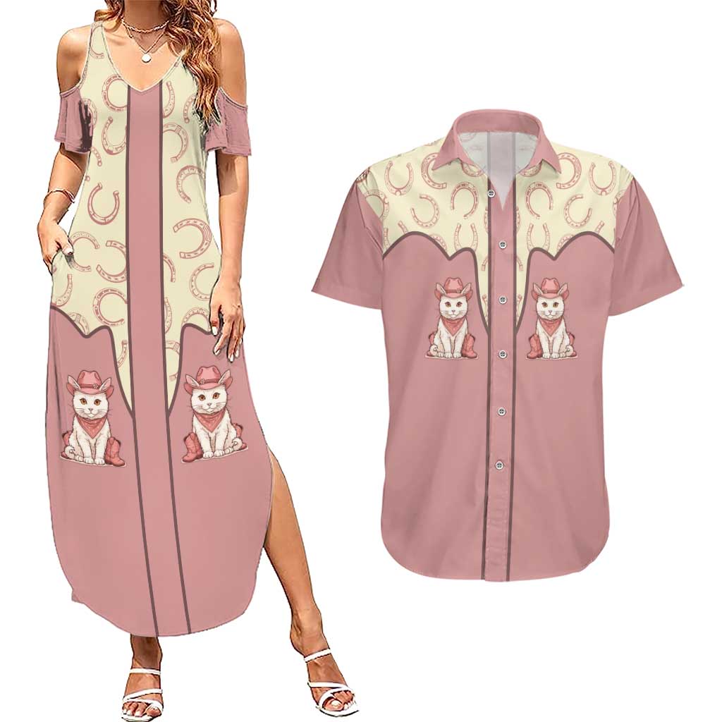Cowcat Couples Matching Summer Maxi Dress and Hawaiian Shirt Cowboy Cat Meowdy Retro Western Yoke Pink - Wonder Print Shop