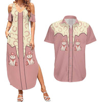 Cowcat Couples Matching Summer Maxi Dress and Hawaiian Shirt Cowboy Cat Meowdy Retro Western Yoke Pink - Wonder Print Shop