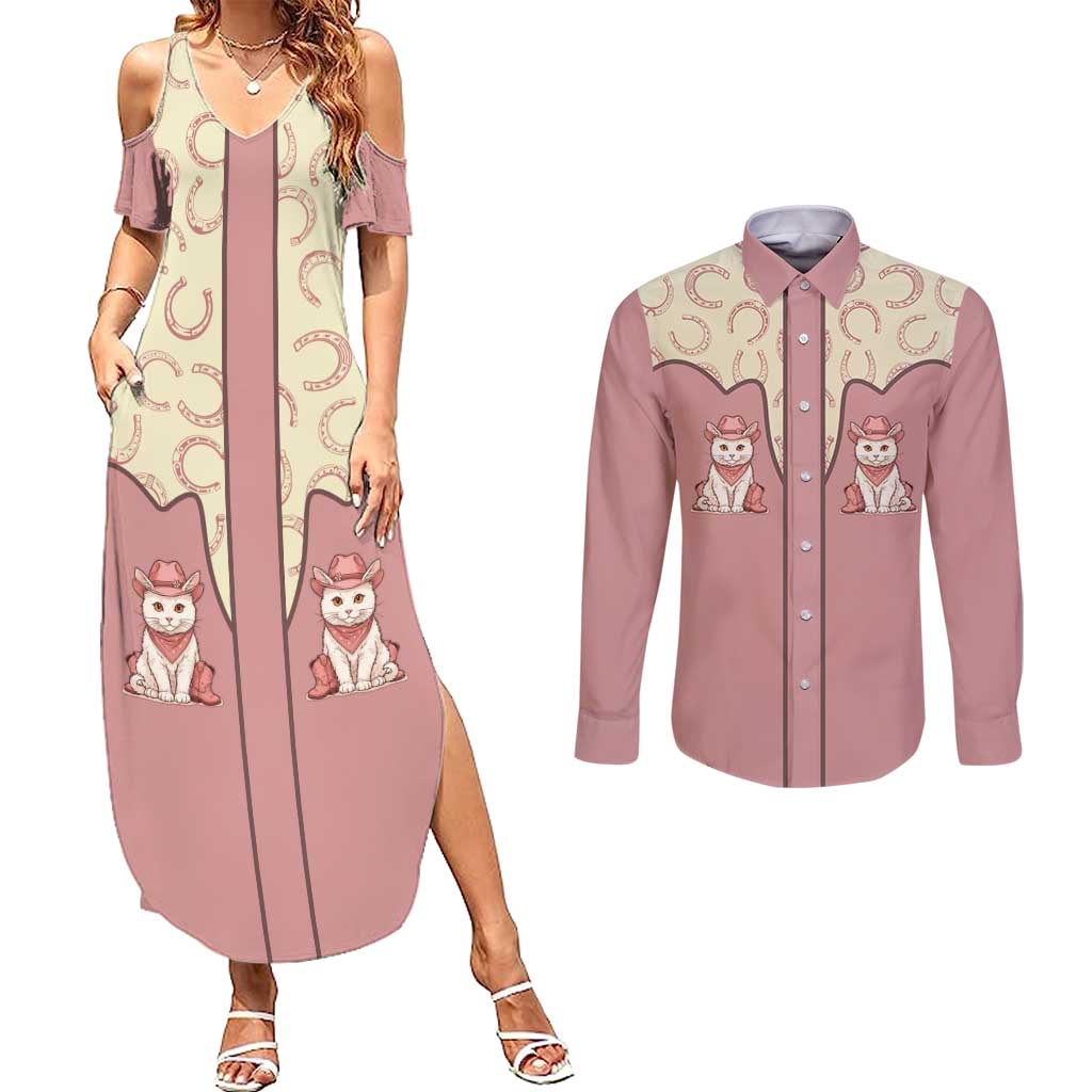 Cowcat Couples Matching Summer Maxi Dress and Long Sleeve Button Shirt Cowboy Cat Meowdy Retro Western Yoke Pink - Wonder Print Shop