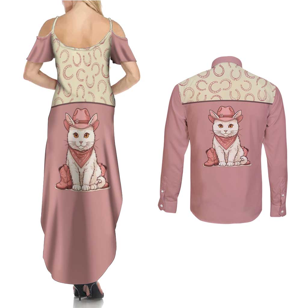 Cowcat Couples Matching Summer Maxi Dress and Long Sleeve Button Shirt Cowboy Cat Meowdy Retro Western Yoke Pink - Wonder Print Shop