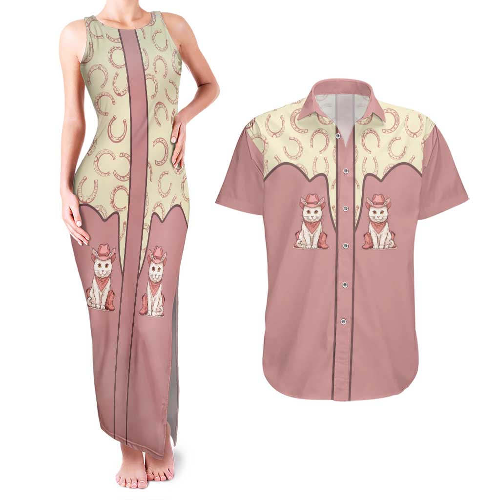 Cowcat Couples Matching Tank Maxi Dress and Hawaiian Shirt Cowboy Cat Meowdy Retro Western Yoke Pink - Wonder Print Shop
