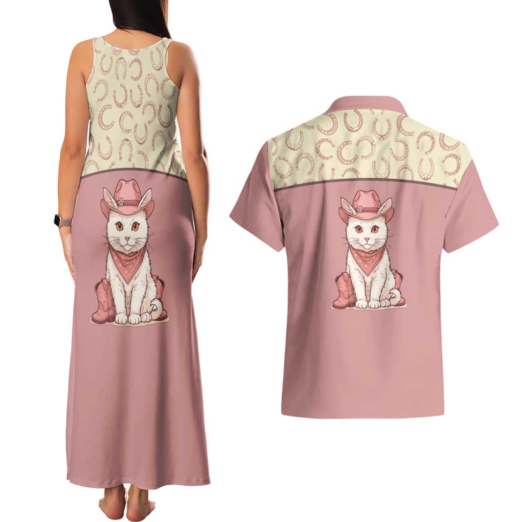 Cowcat Couples Matching Tank Maxi Dress and Hawaiian Shirt Cowboy Cat Meowdy Retro Western Yoke Pink - Wonder Print Shop