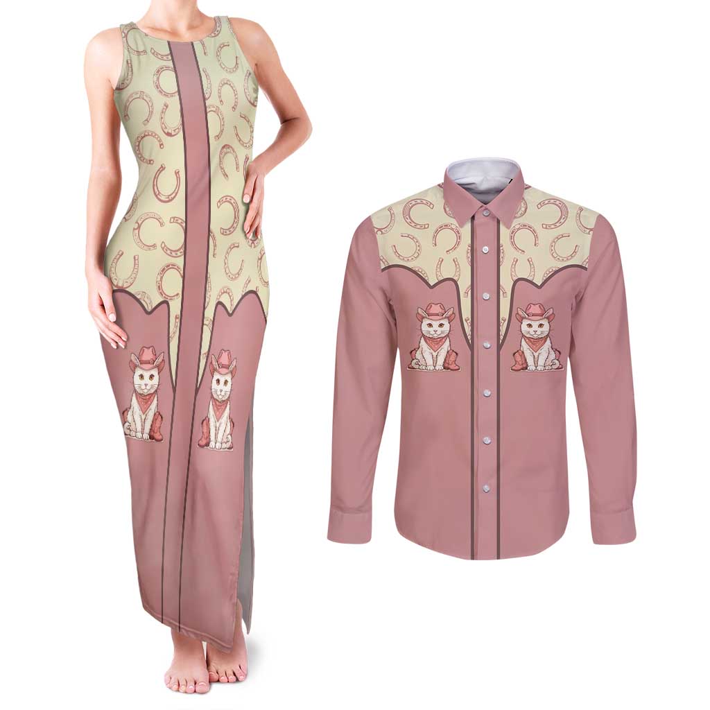 Cowcat Couples Matching Tank Maxi Dress and Long Sleeve Button Shirt Cowboy Cat Meowdy Retro Western Yoke Pink - Wonder Print Shop