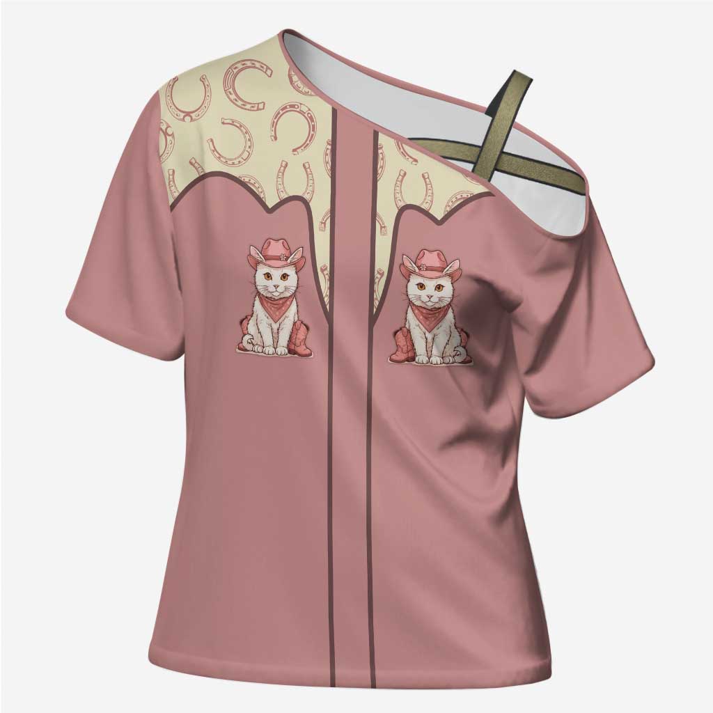Cowcat Cross Shoulder Shirt Cowboy Cat Meowdy Retro Western Yoke Pink - Wonder Print Shop