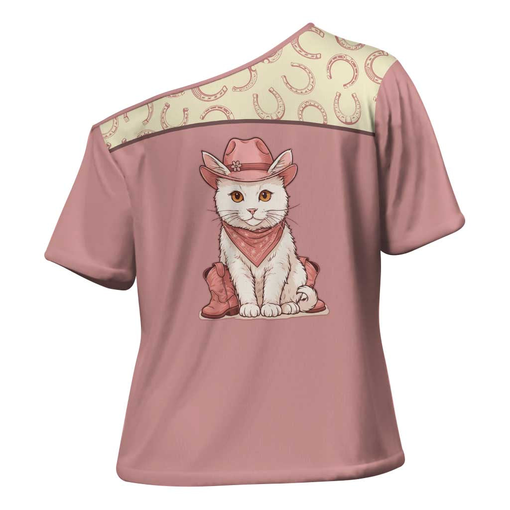Cowcat Cross Shoulder Shirt Cowboy Cat Meowdy Retro Western Yoke Pink - Wonder Print Shop