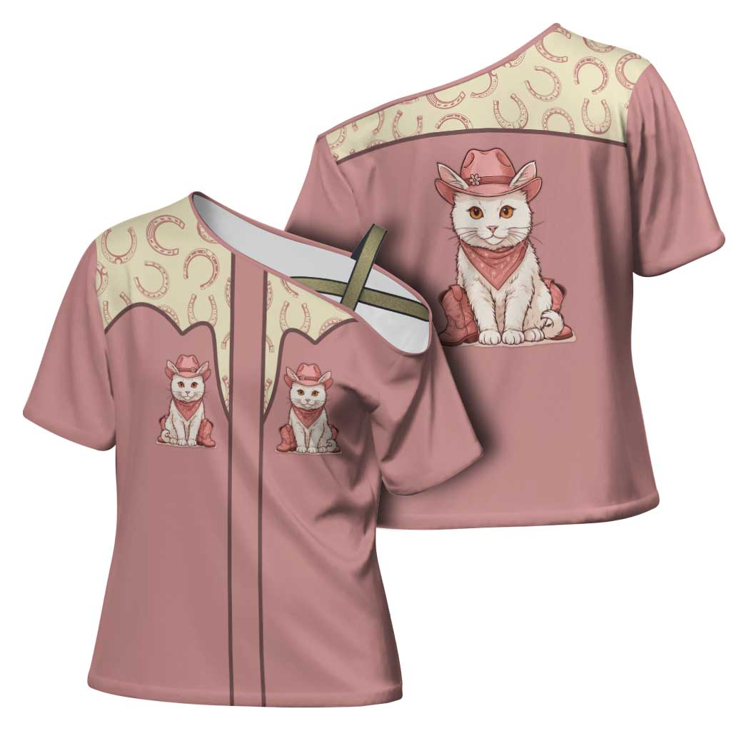 Cowcat Cross Shoulder Shirt Cowboy Cat Meowdy Retro Western Yoke Pink - Wonder Print Shop