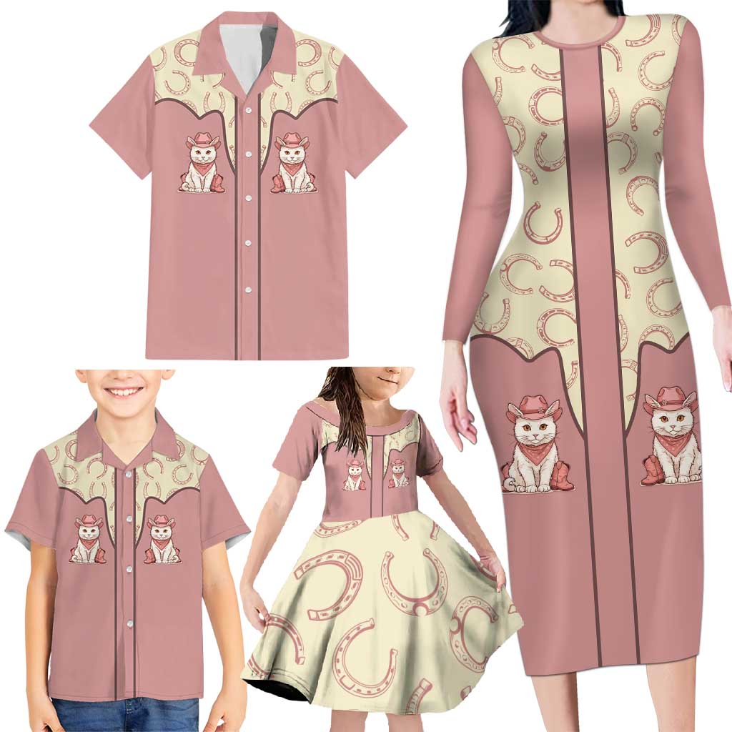 Cowcat Family Matching Long Sleeve Bodycon Dress and Hawaiian Shirt Cowboy Cat Meowdy Retro Western Yoke Pink - Wonder Print Shop