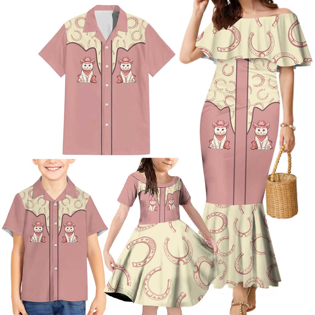 Cowcat Family Matching Mermaid Dress and Hawaiian Shirt Cowboy Cat Meowdy Retro Western Yoke Pink - Wonder Print Shop