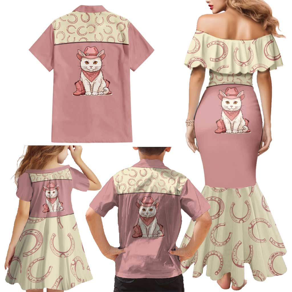 Cowcat Family Matching Mermaid Dress and Hawaiian Shirt Cowboy Cat Meowdy Retro Western Yoke Pink - Wonder Print Shop