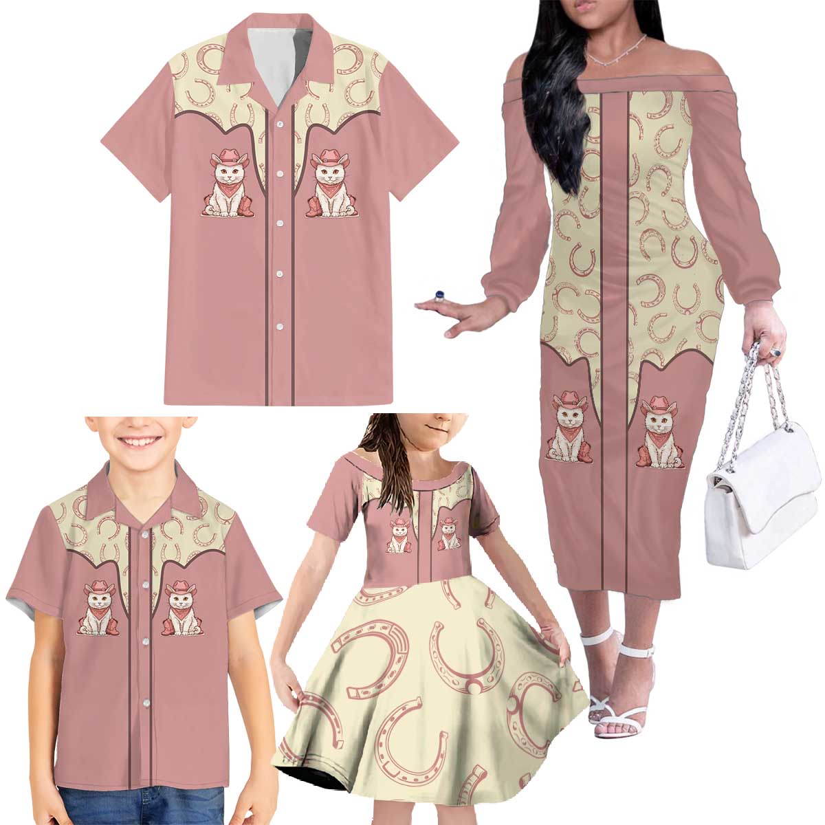 Cowcat Family Matching Off The Shoulder Long Sleeve Dress and Hawaiian Shirt Cowboy Cat Meowdy Retro Western Yoke Pink - Wonder Print Shop