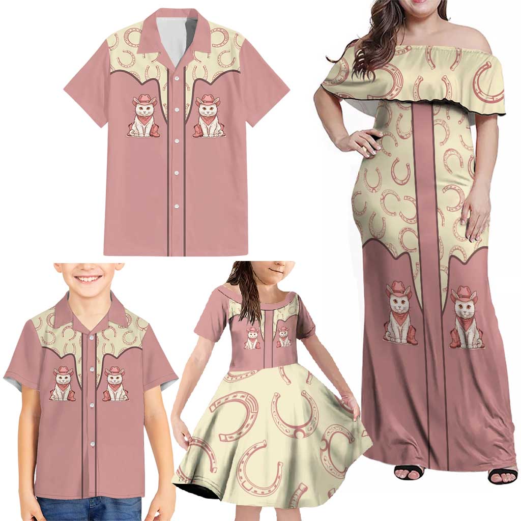 Cowcat Family Matching Off Shoulder Maxi Dress and Hawaiian Shirt Cowboy Cat Meowdy Retro Western Yoke Pink - Wonder Print Shop