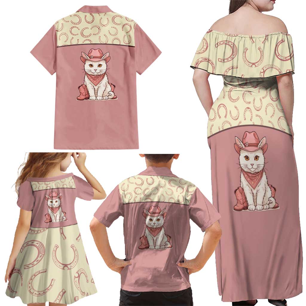 Cowcat Family Matching Off Shoulder Maxi Dress and Hawaiian Shirt Cowboy Cat Meowdy Retro Western Yoke Pink - Wonder Print Shop