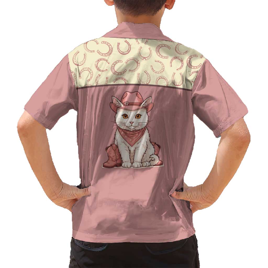 Cowcat Family Matching Off Shoulder Short Dress and Hawaiian Shirt Cowboy Cat Meowdy Retro Western Yoke Pink - Wonder Print Shop