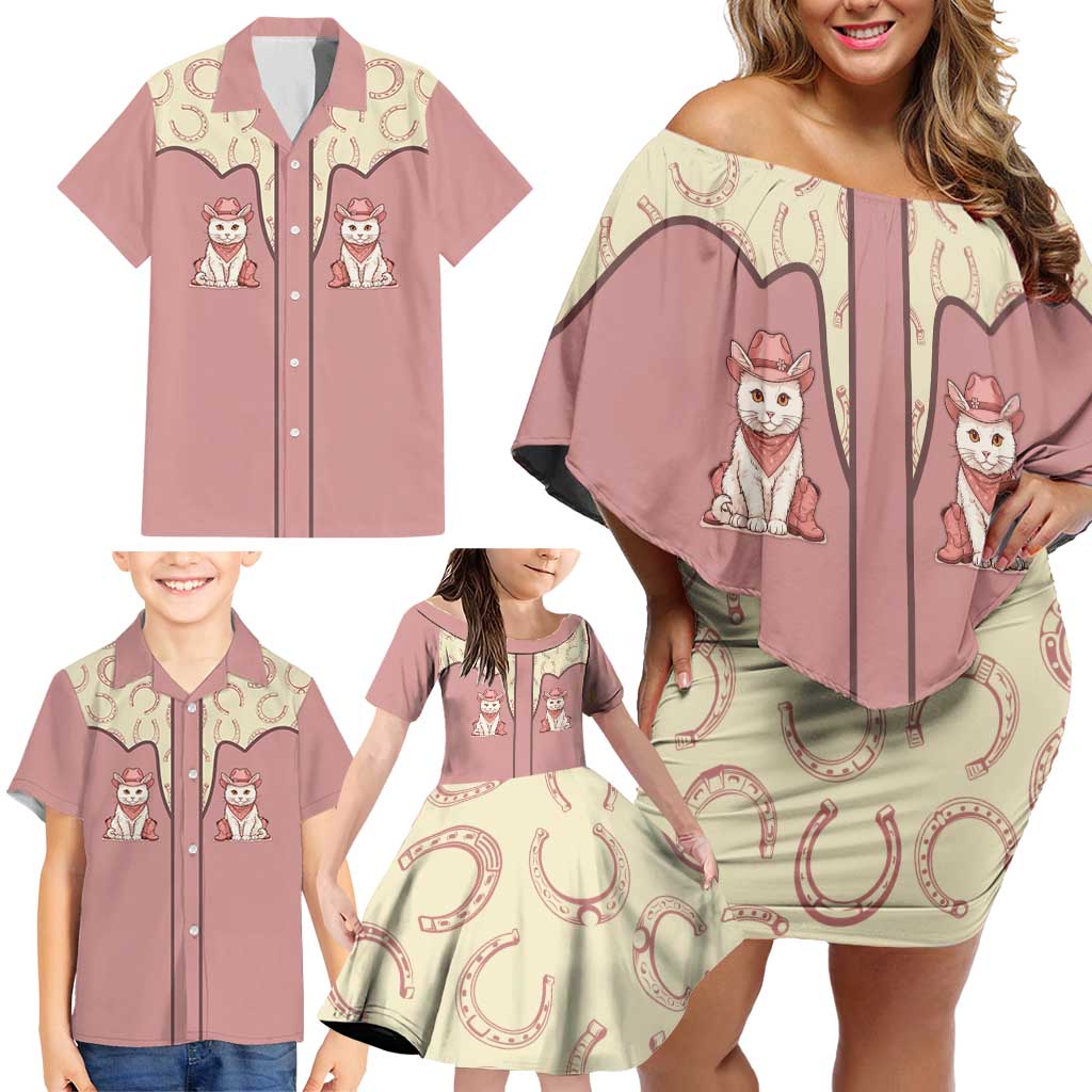 Cowcat Family Matching Off Shoulder Short Dress and Hawaiian Shirt Cowboy Cat Meowdy Retro Western Yoke Pink - Wonder Print Shop