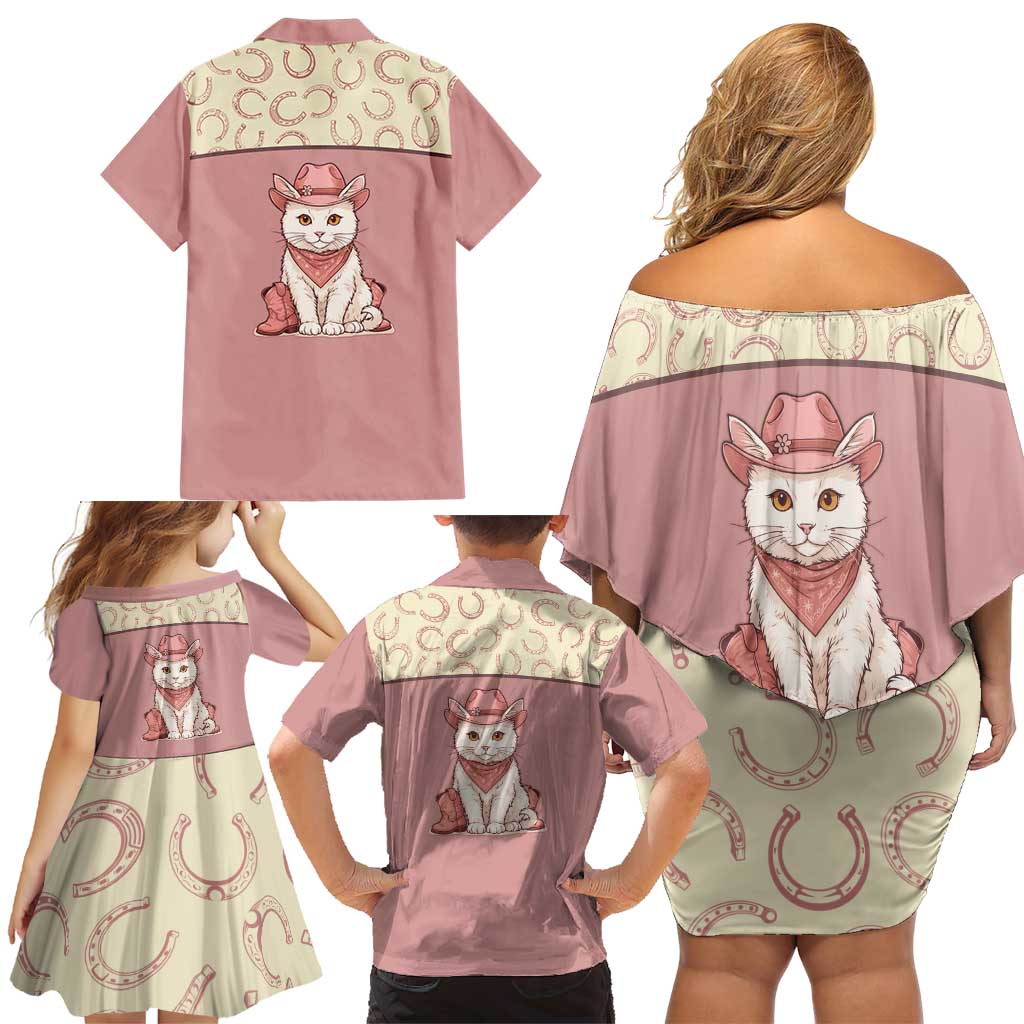 Cowcat Family Matching Off Shoulder Short Dress and Hawaiian Shirt Cowboy Cat Meowdy Retro Western Yoke Pink - Wonder Print Shop