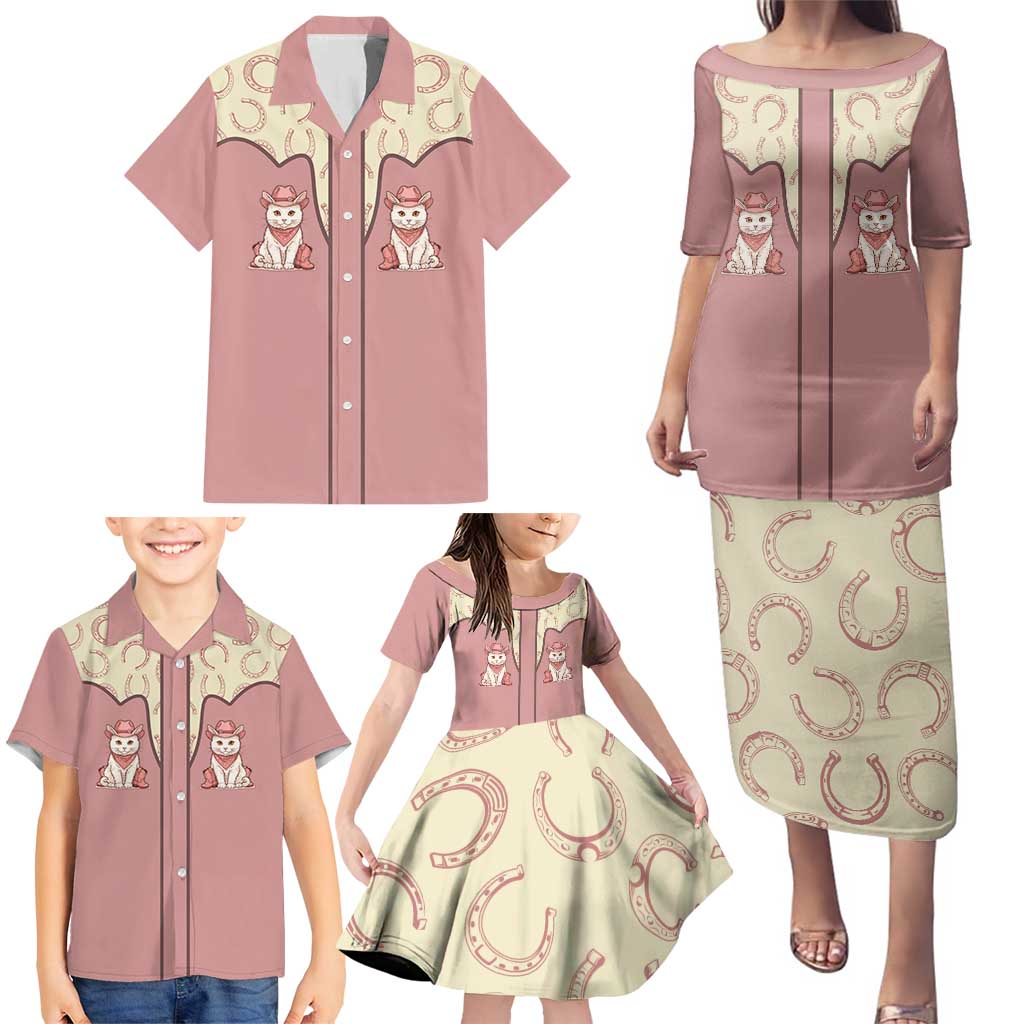 Cowcat Family Matching Puletasi and Hawaiian Shirt Cowboy Cat Meowdy Retro Western Yoke Pink - Wonder Print Shop