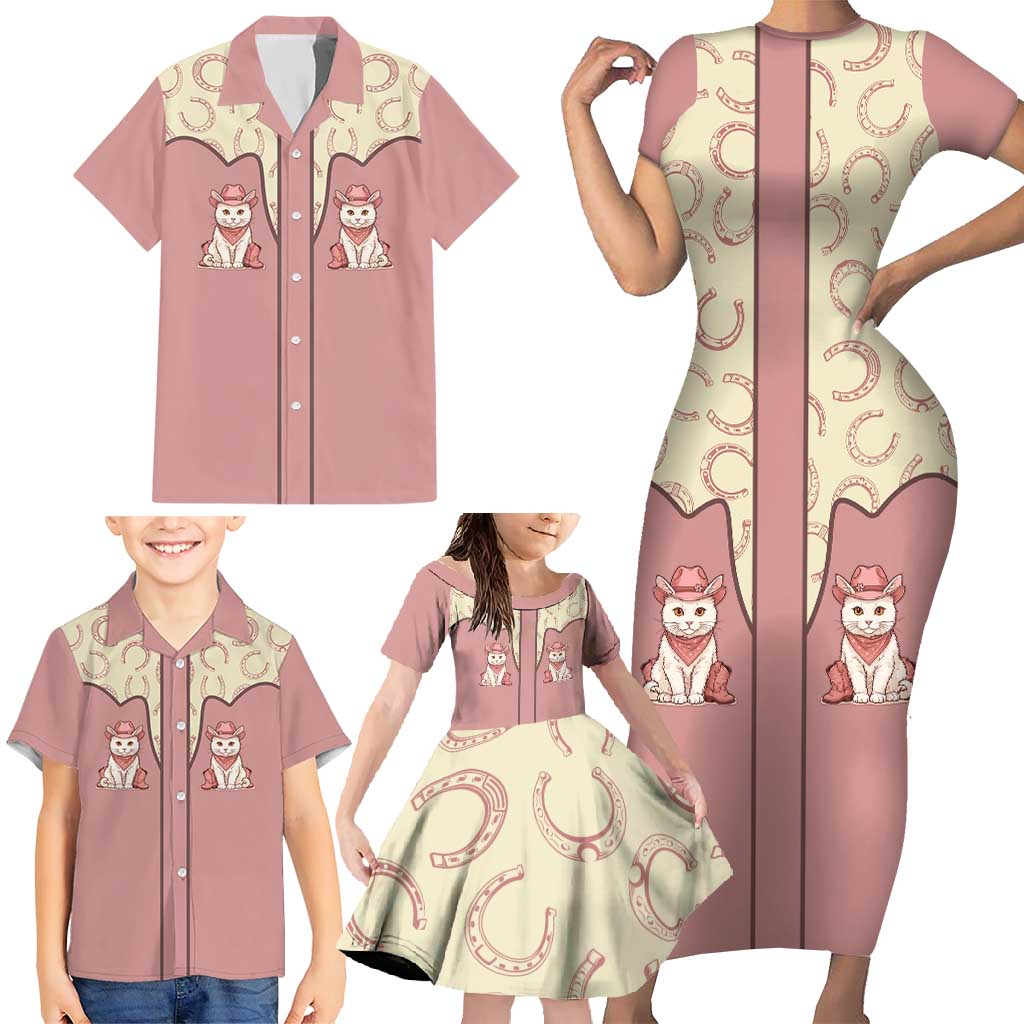 Cowcat Family Matching Short Sleeve Bodycon Dress and Hawaiian Shirt Cowboy Cat Meowdy Retro Western Yoke Pink - Wonder Print Shop
