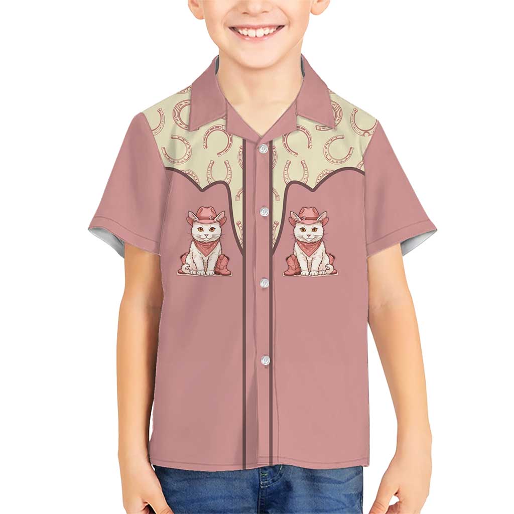Cowcat Family Matching Short Sleeve Bodycon Dress and Hawaiian Shirt Cowboy Cat Meowdy Retro Western Yoke Pink - Wonder Print Shop