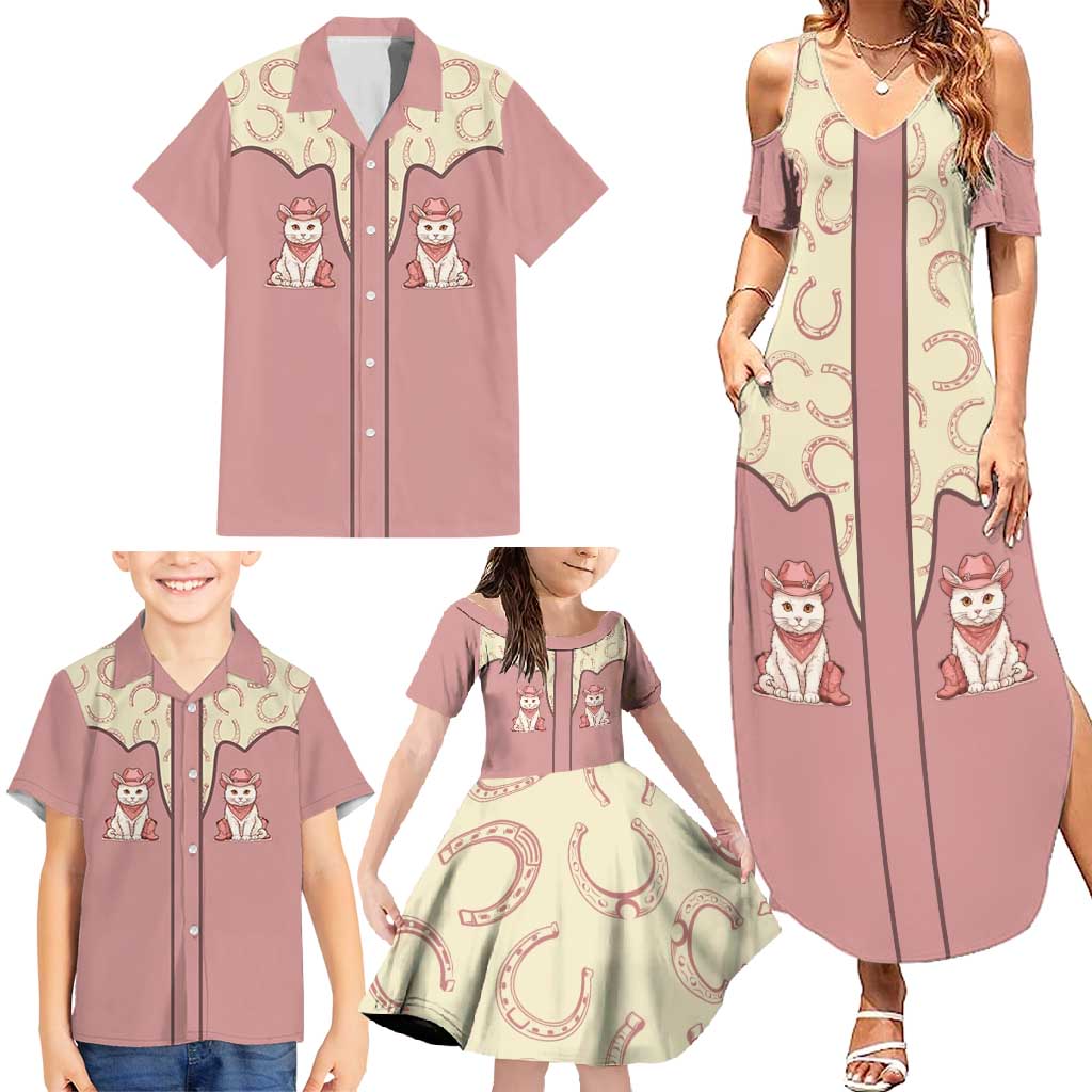 Cowcat Family Matching Summer Maxi Dress and Hawaiian Shirt Cowboy Cat Meowdy Retro Western Yoke Pink - Wonder Print Shop