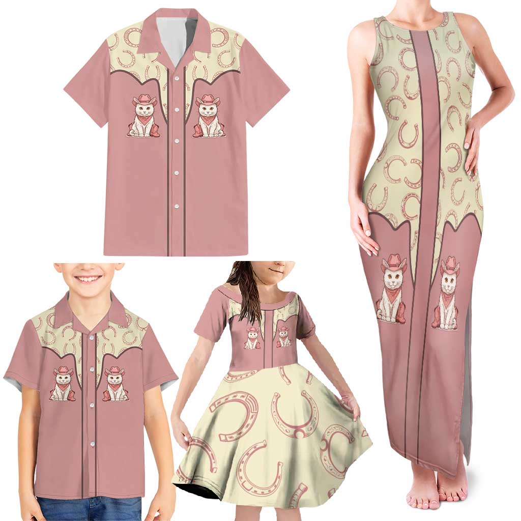 Cowcat Family Matching Tank Maxi Dress and Hawaiian Shirt Cowboy Cat Meowdy Retro Western Yoke Pink - Wonder Print Shop