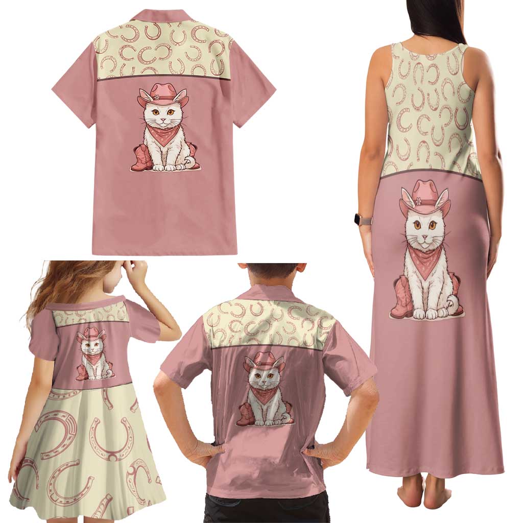 Cowcat Family Matching Tank Maxi Dress and Hawaiian Shirt Cowboy Cat Meowdy Retro Western Yoke Pink - Wonder Print Shop