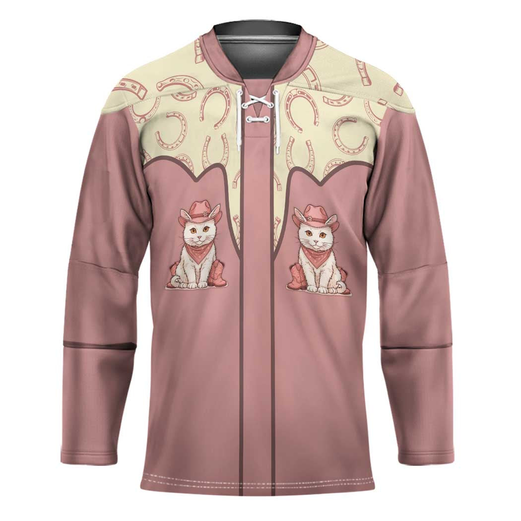 Cowcat Hockey Jersey Cowboy Cat Meowdy Retro Western Yoke Pink - Wonder Print Shop