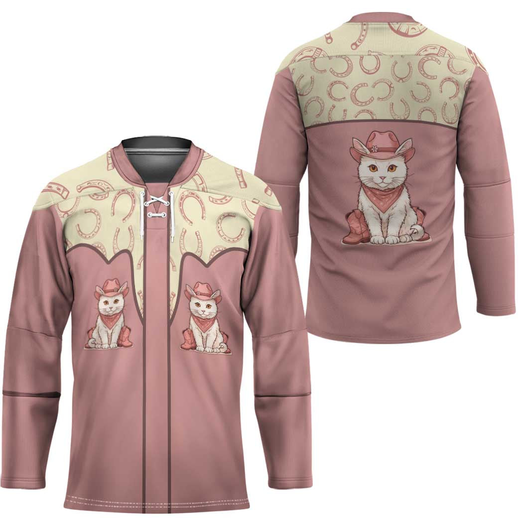 Cowcat Hockey Jersey Cowboy Cat Meowdy Retro Western Yoke Pink - Wonder Print Shop
