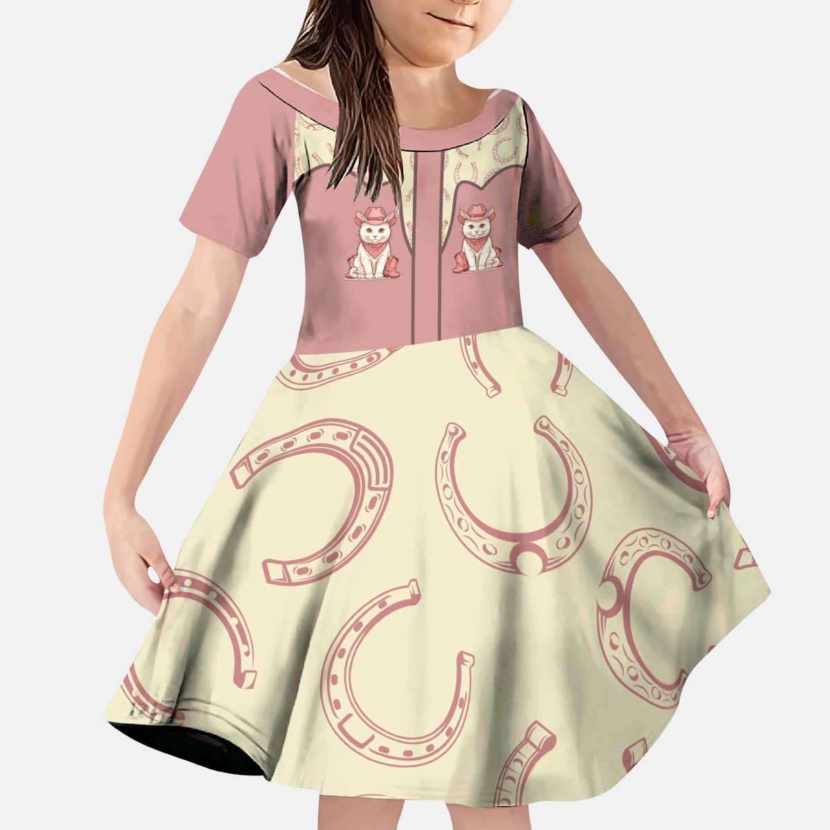 Cowcat Kid Short Sleeve Dress Cowboy Cat Meowdy Retro Western Yoke Pink - Wonder Print Shop