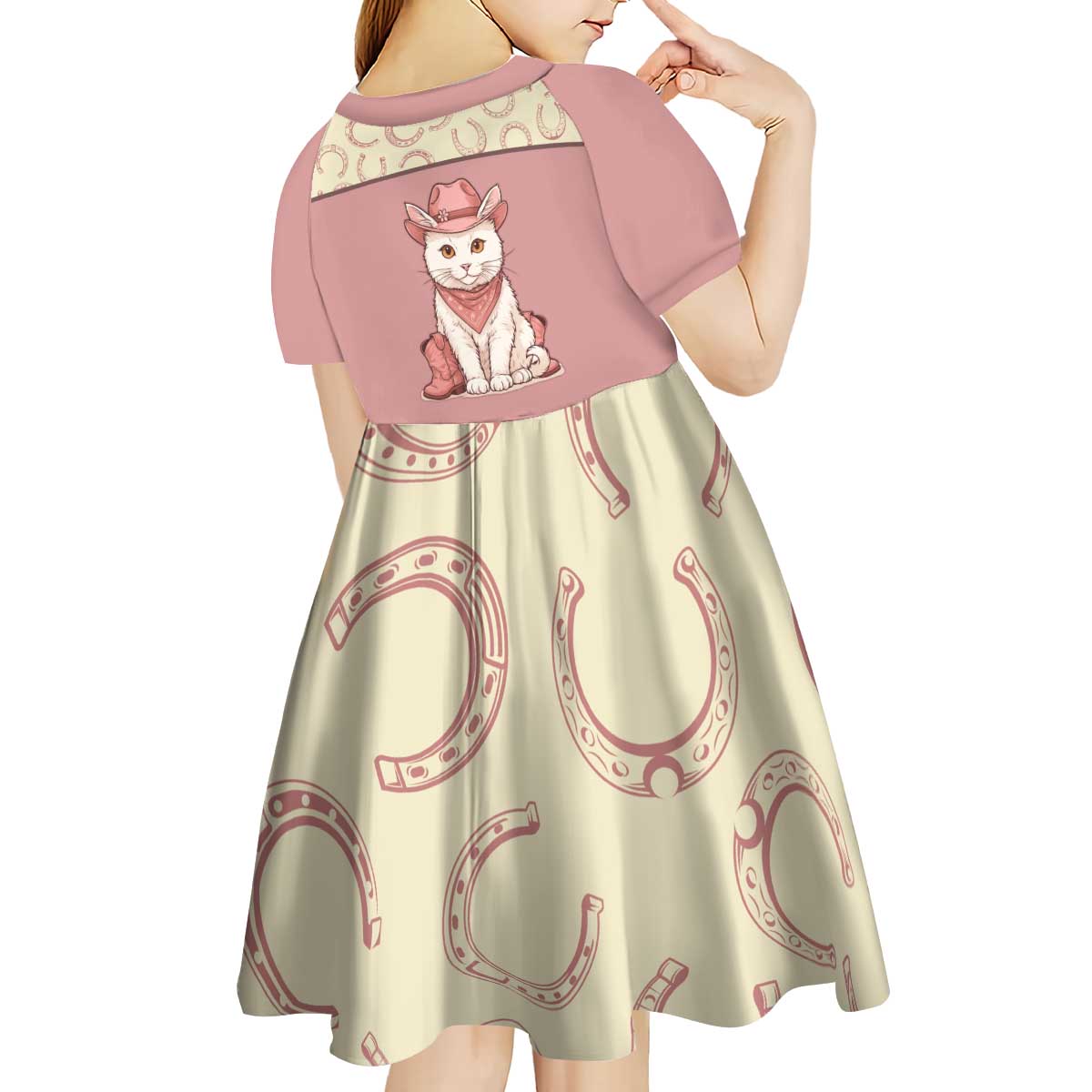 Cowcat Kid Short Sleeve Dress Cowboy Cat Meowdy Retro Western Yoke Pink - Wonder Print Shop