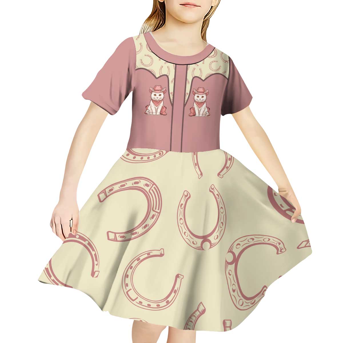 Cowcat Kid Short Sleeve Dress Cowboy Cat Meowdy Retro Western Yoke Pink - Wonder Print Shop
