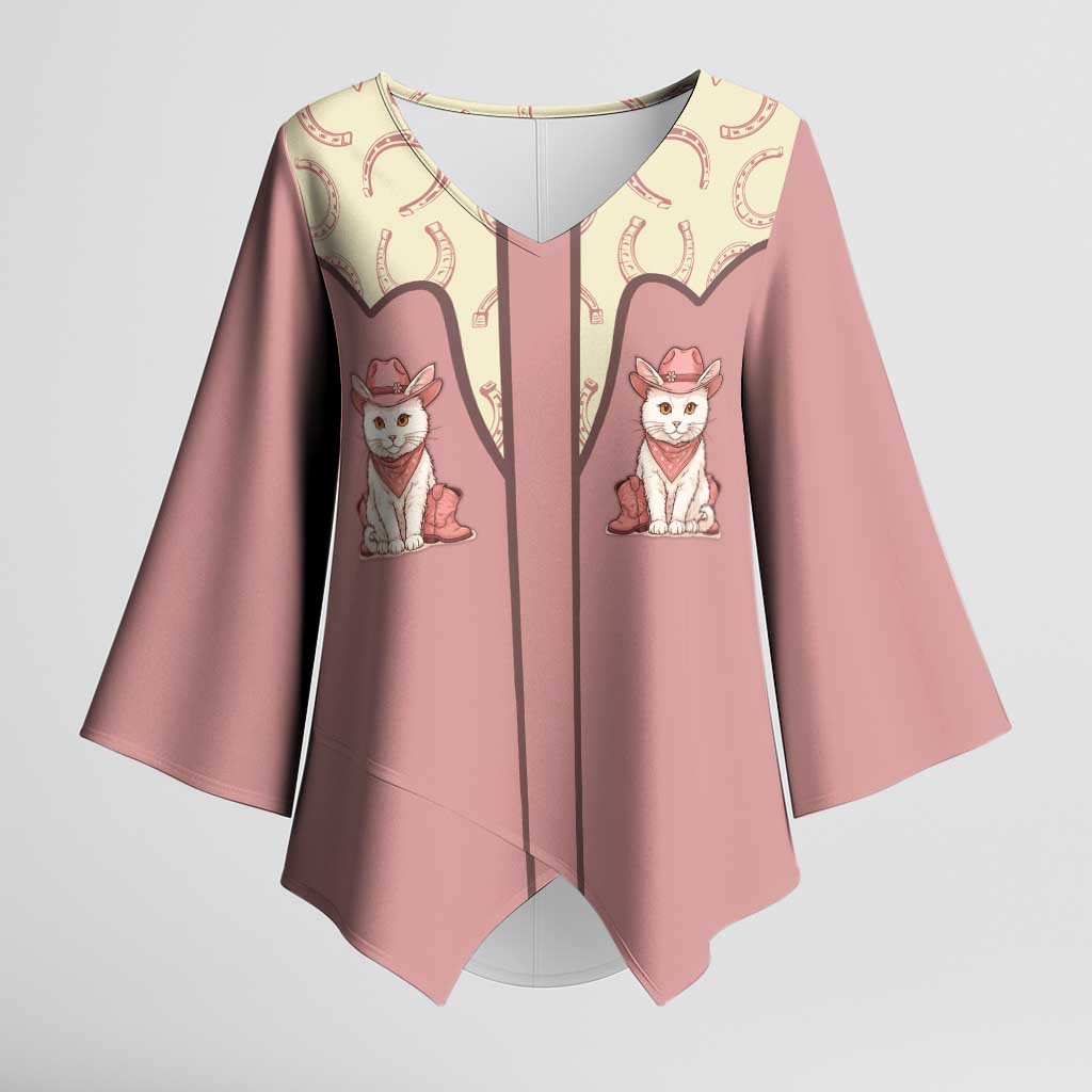 Cowcat Kimono Sleeve Blouse Cowboy Cat Meowdy Retro Western Yoke Pink - Wonder Print Shop