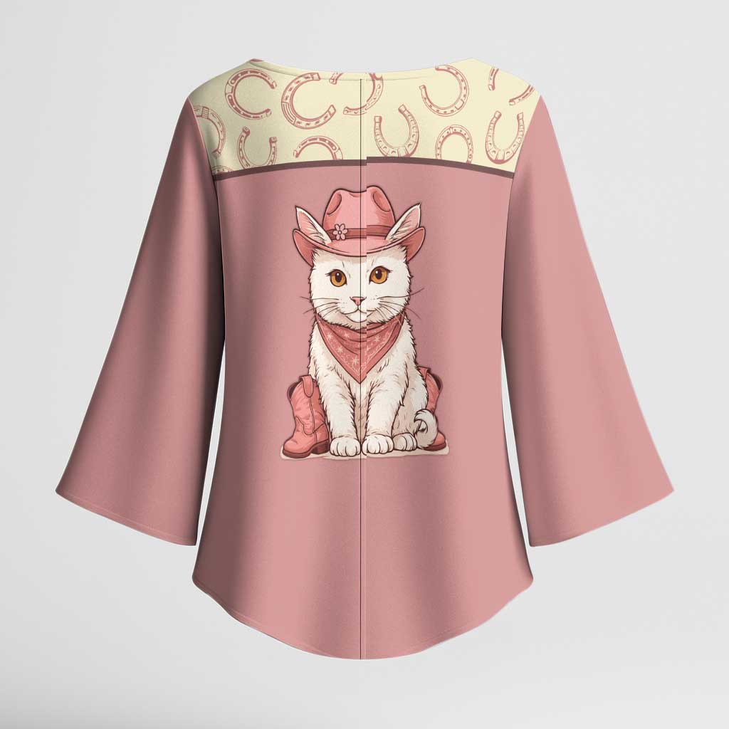 Cowcat Kimono Sleeve Blouse Cowboy Cat Meowdy Retro Western Yoke Pink - Wonder Print Shop