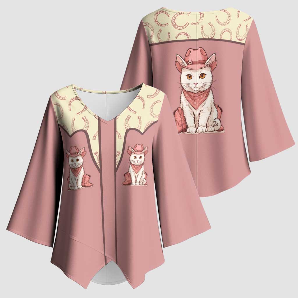 Cowcat Kimono Sleeve Blouse Cowboy Cat Meowdy Retro Western Yoke Pink - Wonder Print Shop