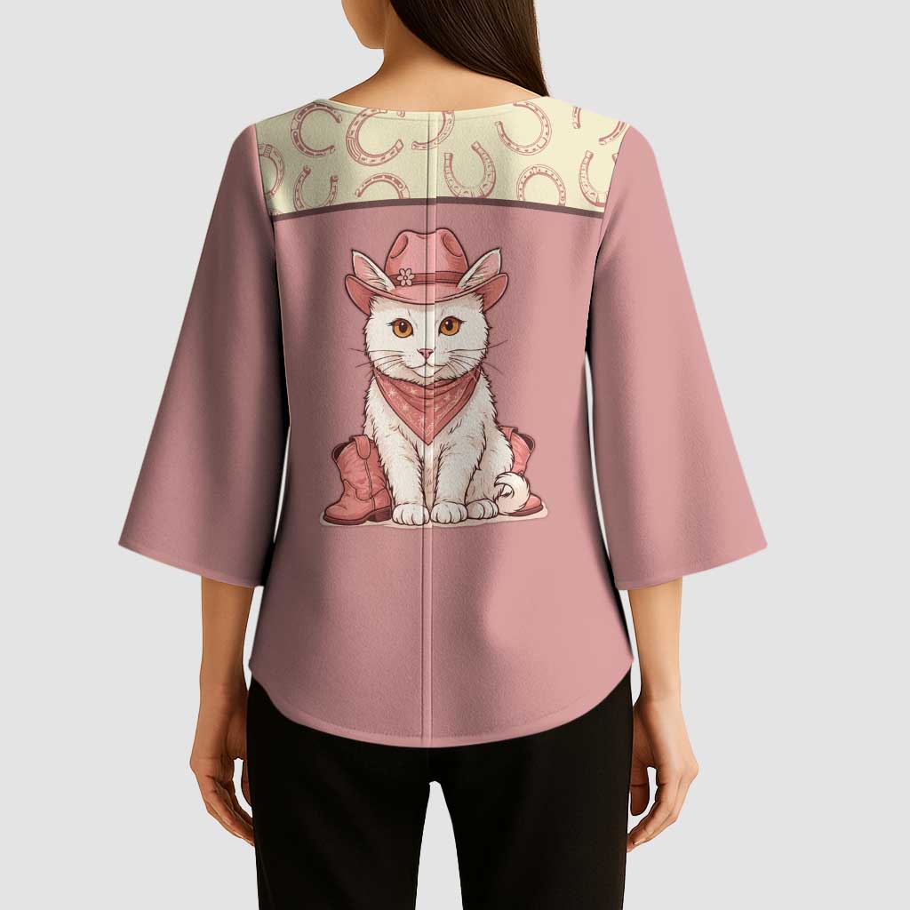 Cowcat Kimono Sleeve Blouse Cowboy Cat Meowdy Retro Western Yoke Pink - Wonder Print Shop