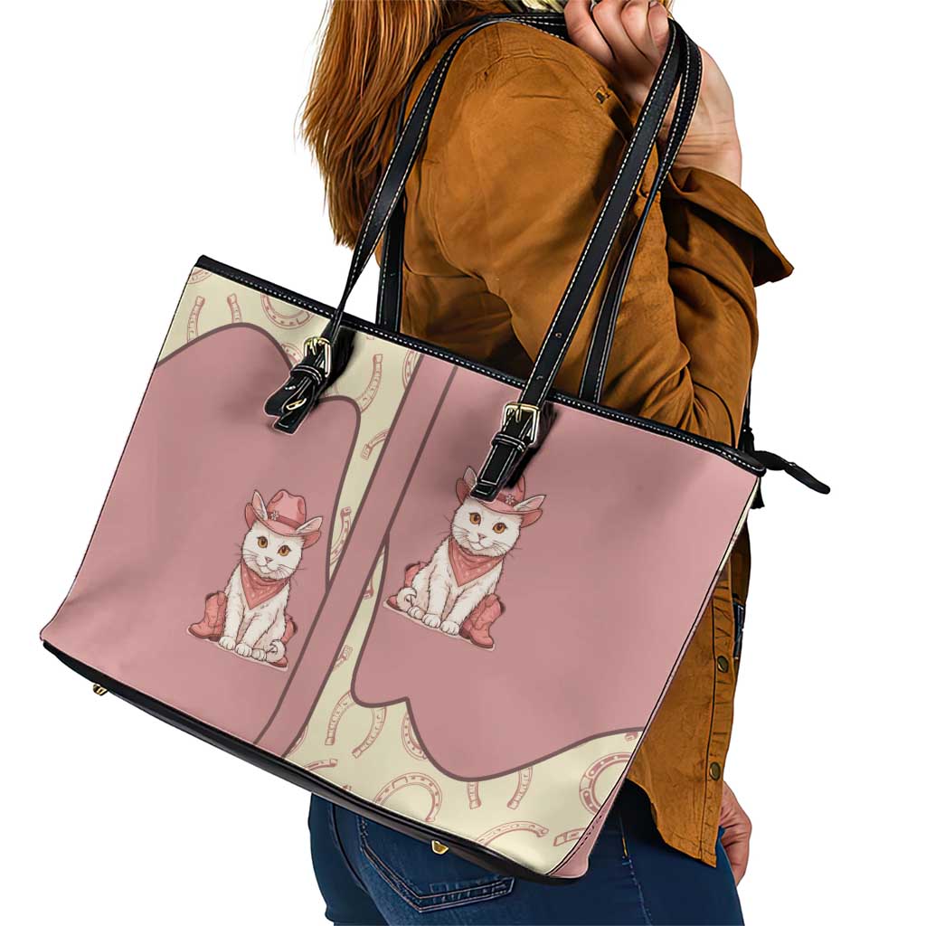 Cowcat Leather Tote Bag Cowboy Cat Meowdy Retro Western Yoke Pink - Wonder Print Shop