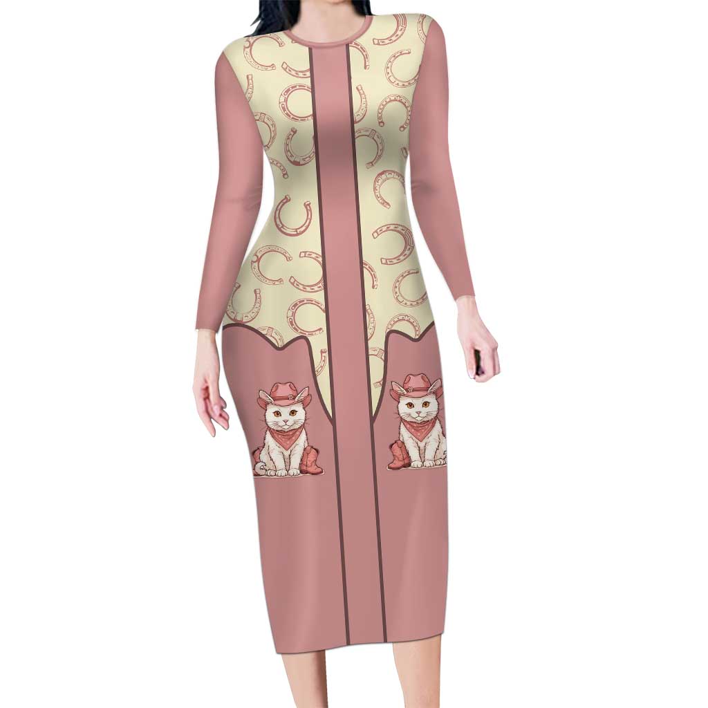 Cowcat Long Sleeve Bodycon Dress Cowboy Cat Meowdy Retro Western Yoke Pink - Wonder Print Shop
