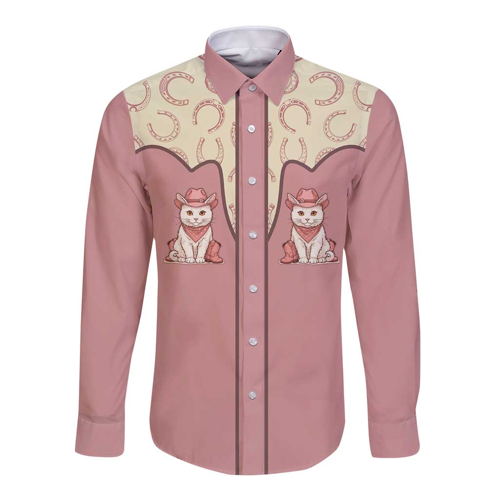 Cowcat Long Sleeve Button Shirt Cowboy Cat Meowdy Retro Western Yoke Pink - Wonder Print Shop