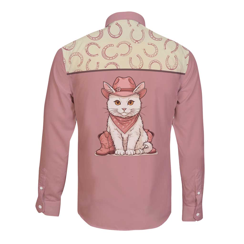 Cowcat Long Sleeve Button Shirt Cowboy Cat Meowdy Retro Western Yoke Pink - Wonder Print Shop